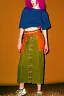 Placeholder: year 1996 denim fashion. Loose skirt, low waist. Combat pants and t-shirt. Colors: denim blue, blue, purple, cream, khaki, light green, lilac, plum, orange, terracotta, red, light yellow, pink, dark blue, beige. Latex in small part. Cheetah pattern. Gwen Stephani, Shirley Manson.Cargo pants