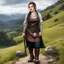 Placeholder: gangsta female hobbit with tattoos, she is a hard worker in a leather apron, she stands on the hill in front of her hole in the Shire, she has fur on her hobbit feet