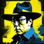 Placeholder: Gustavo Petro, comic style artwork, dark yellow, black and blue, wearing a wide-brimmed hat, wearing a white shirt, calm ando serious