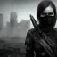 Placeholder: women, faces covered in black masks, ragged clothes, holding flag, war-torn, destroyed city in the background, 8k resolution, hyperrealistic, detailed matte painting, b&w, dynamic lighting, war, anarchy, terrorists