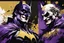 Placeholder: poster in two gradually, a one side Batman darkrpurple tones, and other side Joker gold tones, painting by Yoji Shinkawa,