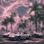 Placeholder: 1980's aesthetic vaporwave palm trees and spheres and Porsche with lightning