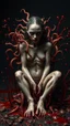 Placeholder: Petit weird woman with many worms from his body, sit pose, fullbody, splashes blood, behind guts rising from the ground, darkred tones, macro photography,