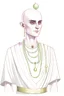 Placeholder: full length, gangly, 22-year old, shaved head, grey-eyed female human cleric with a beaded necklace