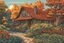 Placeholder: museum quality color woodcut landscape of a fanciful 1920's rustic French country cottage in the style of Gustave Baumann, with a fine art aesthetic, highly detailed, finely cut ,8k render, muted fall colors