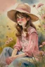 Placeholder: P: a young old-time cowgirl sitting in wildflowers and tall grasses, peaceful vision, wisps of hair around her face, straw hat, pink floral dress, muted colors, soft watercolor