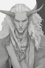 Placeholder: A dnd character portrait, a tiefling man with long hair and long black horns, white eyes and pale skin. Rogue.