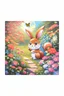 Placeholder: Dark moonlight calmly falling over a piece ful sleeping garden. Blue and white colors in the same style as reference image, the bunny, squirrel and butterfly are seen from behind looking at the shining moon