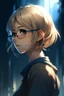 Placeholder: Anime girl, glasses, short hair, blonde, standing, bottom view