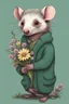 Placeholder: Green opossum wearing cardigan holding a bouquet of wildflowers cute art