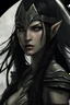 Placeholder: SA female elf with skin the color of storm clouds, deep grey, stands ready for battle. Her long black hair flows behind her like a shadow, while her eyes gleam with a fierce silver light. Despite the grim set of her mouth, there's a undeniable beauty in her fierce countenance. She's been in a fight, evidenced by the ragged state of her leather armor and the red cape that's seen better days, edges frayed and torn. In her hands, she grips two daggers, add dark shadow mystic purple flames