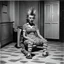 Placeholder: [horror monster series collector cards (1961)] This is not a creature. It is a consequence: she is sitting down on the floor in zebra, showing off her sandals
