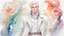 Placeholder: fantasy character concept art of cute albino male, red lipstick, blushing cheeks, no shirt, shirtless with soft toned body, wearing a long white frilly trench coat with frilly cuffs over shirtless torso, paint stain, short white hair with long side watercolor rainbow bangs, blue eyes, white pants, white boots, surrounded by canvases, watercolor pastel rose necklace, pastel roses,