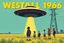 Placeholder: bumper sticker design, large flat ufo with small cap on top, in bold heading text "WESTALL 1966", lots of school children looking up in a field with high voltage powerline and gumtree's, mysterious cool, bold, childrens book style