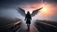 Placeholder: walking straight ahead over a wooden bridge, holding the angel of death with your right hand, entering the fog at the end of the road that leads to the afterlife, and a beautiful sunset and galaxy's behind the fog, realistic