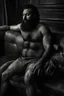 Placeholder: photorealistic, photography, full figure shot, an hairy men sleeping over an old sofa, hands behind the neck, Realistic photography, well defined facial features, strong muscular chubby sweat dirty arab, ugly , 38 years old , open legs, manly chest, big shoulders, manly torso, long beard, dirty ripped shorts , very dark living room, dim light, ambient occlusion, view angle from below, frontal view from the ground