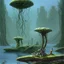 Placeholder: looking out over a lake, in an alien forest, flying mushrooms with jellyfish tenacles formed into gnarled trunks, Roger Dean