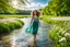 Placeholder: shot from front ,green field and wild flower field ,beautiful girl in pretty dress curly hair walking in water toward camera in trees next to wavy river with clear water and nice sands in floor.camera capture from her full body front, spring blosom walking to camera ,wild flowers moving in the wind ,blue sky,moving pretty clouds ,joy full facet.