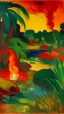 Placeholder: A red fiery psychic wetlands painted by Paul Gauguin