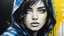 Placeholder: breathtaking portrait of gorgeous girl short black hair yellow and blue plaid hooded scarf dark silver and black textured satin fabrics jagged edges eye-catching details insanely intricate vibrant light and shadow beauty panel paintings textured tweed background captivating stencil art oil painting style contemporary ink watercolor brush strokes negative white space