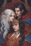 Placeholder: A couple from the dnd game curse of Strahd. The woman has long white hair and blue eyes, the man has LONG BLACK hair and red eyes, no facial hair. KISSING