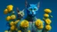 Placeholder: blue background, cat man, wool, fine rendering, high detail, 8K, tattoos, yellow flowers