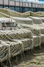 Placeholder: military tanks are covered with a white camouflage netting made of ropes
