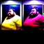 Placeholder: (fineart:1.5, masterpiece1.5) (realism:1.5) award winning picture of award winning fat, beardedd, 'fat man' (watching tv:1.8),, two panels, 50 percent is taken from the pov of the tv, the other 50 pefect is from the point of view of 'fat man', his vision streaks of blue from the tv shining in his eyes, breaking news is on tv