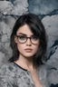 Placeholder: cross-eyed Lucy Hale/terminator hybrid, , 4k UHD, photorealistic, ((big, full, plump, pouty lips:1.5)) black hair, big cat-eye eyeglasses, dark blue foggy gradated marble wall background