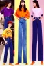 Placeholder: year 1996 denim fashion. Loose fit, low waist. Colors: denim blue, blue, purple, khaki, light green, lilac, plum, orange, terracotta, red, light yellow, lion yellow, pink, dark blue, beige. Women models.