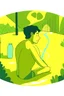 Placeholder: a picture of a guy bathing in a big yellow Vaseline jar, he is in a adventure park with his girlfriend, art style cal arts, simple character design, round mouths non tapering lines, minimalist and fluid