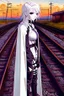 Placeholder: close-up gothic anime girl, white hair, tight outfit with gun on thigh, standing on a train track, smoke and fire surroundings, she is dull and dark, looks determined , train approaching behind her,