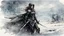 Placeholder: A female warrior in black armor on the background of a cold snow-covered country, ice and crystal, frost and snow,, light watercolor sketch, by Leonid Afremov & Benedick Bana & Atelier Olschinsky & Ian McQue