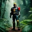 Placeholder: [Rubrique-à-Brac, Gai-Luron, and Superdupont] judge dredd in his iconic costume and helmet, with boots in the jungle were a plane crashed