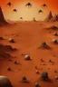 Placeholder: Bosch painting style, show a shot of a view of Mars surface with a lot of wired creatures around