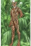 Placeholder: Rainforest, tall hybrid of human and tiger walking, frontal, model style, hyper realistic, accurate, delicate, extremely detailed, Graphic novel style, wide-angle, front view, open aperture, superfine pencil