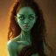 Placeholder: alien girl, cute, beautiful, long hair, curly hair, black hair, slim body, brown eyes, big eyes, green skin, turquoise dress, head and shoulders portrait, fantasy, 8k resolution concept art portrait by Greg Rutkowski, Artgerm, WLOP, Alphonse Mucha dynamic lighting hyperdetailed intricately detailed