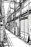 Placeholder: Tokyo, industrial warehouses, line arts, manga style