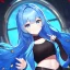 Placeholder: Clear focus,High resolution, Vibrant short blue hair, Vibrant blue eyes, Wearing a black short skirt,black crop top sleevelss,blue cut sleeves,black fingerless gloves, Smiling,Long bangs