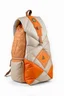 Placeholder: Embossed triangles beige very long puffer backpack with patched orange and brown triangles