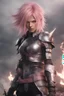 Placeholder: Realistic photo of lightning final fantasy character with light pink hair and wearing iconic leather armor and is holding a flaming sword with a battlefield and lightning in the background