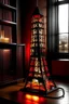 Placeholder: gaming table lamp inspired by burj khalifa tower buliding architecture futuristic-modern stlye. geometric form, red and black color scheme