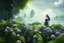 Placeholder: young woman in an android suit with dark hair, standing on the shore of an alien sea. Floating forests with dandelion tops in the distance