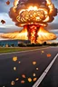 Placeholder: top right corner is a nuclear explosion cloud, top of explosion looks like a autumn tree full of leaves, add leaves falling everywhere in foreground, high horizon at 1/3 from top, bottom 2/3 is a road through a road, a wind is blowing away from the tree. a commercial building is on the middle left