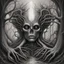 Placeholder: We must never spare life. We must uproot the sickly trees by our own hand—we can always plant new saplings to preserve the forest. The teachings implore us to kill to protect the greater dignity of life in h.r. giger hand drawn art style