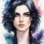 Placeholder: a headshot of an androgynous person with shoulder length black hair and (heterochronic eyes), intricately detailed, watercolor splash art