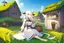 Placeholder: Farm, green grass, house, girl,white hair , sit on grass, cow's tail, cow's horne , cow's under