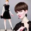 Placeholder: Russian boyish boylike female figure guy short man's haircut men's face boyish features in black girlish lacy cocktail dress earrings in restaurant