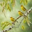 Placeholder: Yellow finches perched on a stately birch tree branch, photorealistic nature image, intricate feather texture and coloring, forest green springtime background, bright spring morning light filtering, 16k resolution, ambient shadows, warm color palette, perfectly timed shot, crystal clear, stunning wildlife interaction, depth of field, high contrast, complimentary colors, by Robert Havel Jr., color pop.