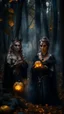 Placeholder: Halloween portrait of merciless medieval countess and her creepy sister in big eyed trance, clawed hands, full moon, swirly mist,autumn wind, performing arcane invocation ritual of smoke demon with immense power on luminous stone altar in dark forest grove, shot on Hasselblad h6d-400c, zeiss prime lens, bokeh like f/0.8, tilt-shift lens 8k, high detail, smooth render, down-light, unreal engine, prize winning